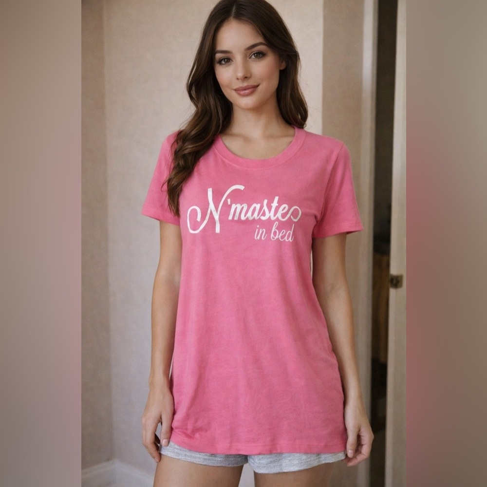 N'maste in Bed Pink Short Sleeve Crew Neck Tee-Shirt New Salt Lake Clothing
